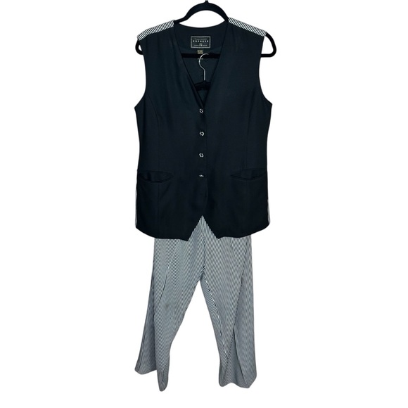 Vintage Express Black and White Striped Women's Pantsuit with Button-Up Vest - Picture 1 of 15